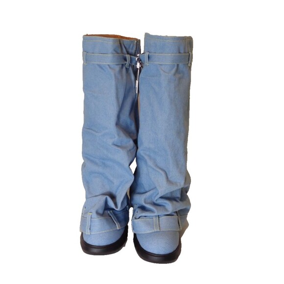 Blue Denim Knee High Boots Wide Calf Sz 9 Women's - Picture 1 of 14